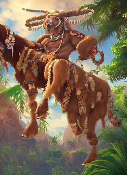 Image similar to brown paper + an intricate tauren depiction + elaborate illustration, very detailed, deviantart, 8 k vertical wallpaper, tropical, colorful, airy, anime illustration, nature