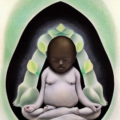 Prompt: onyx passionate by anne geddes, by allison bechdel. a drawing of a man with a large head, sitting in a meditative pose. his eyes are closed & he has a serene look on his face. his body is made up of colorful geometric shapes & patterns that twist & turn in different directions.