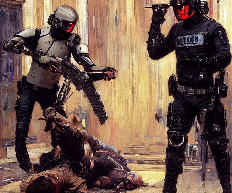 Prompt: Felica evades sgt Griggs. Cyberpunk hacker escaping Menacing Cyberpunk police trooper wearing a combat vest. (dystopian, police state, Cyberpunk 2077, bladerunner 2049). Iranian orientalist portrait by john william waterhouse and Edwin Longsden Long and Theodore Ralli and Nasreddine Dinet, oil on canvas. Cinematic, vivid colors, hyper realism, realistic proportions, dramatic lighting, high detail 4k