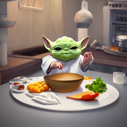 Prompt: curious mouth agape innocent tiny overweight chubby baby yoda as chef wearing white chefs hat and white apron, offering a plate of food, vegetables, photography, hyperrealism, unreal engine, octane 3 d render, houdini, unity 3 d, highres, adobe premier pro, trending on artstation, trending on deviantart, thisistheway