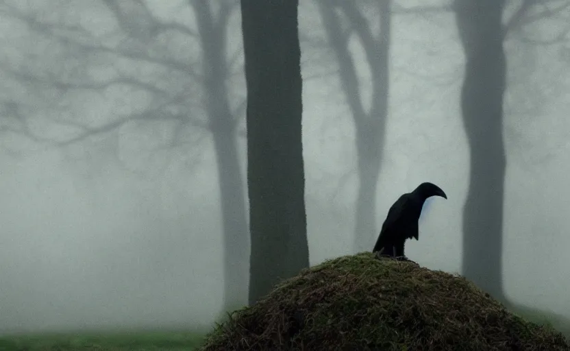 Image similar to cinematic shot of a crow at tree, moody scene from being john malcovich directed by charlie kaufman ( 2 0 0 1 ), foggy volumetric light morning, anamorphic lenses, kodak color film stock