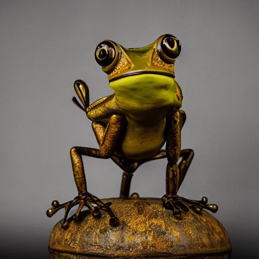 Prompt: a studio photography of a steampunk amazon toxic frog sculpture made out of rusty metal
