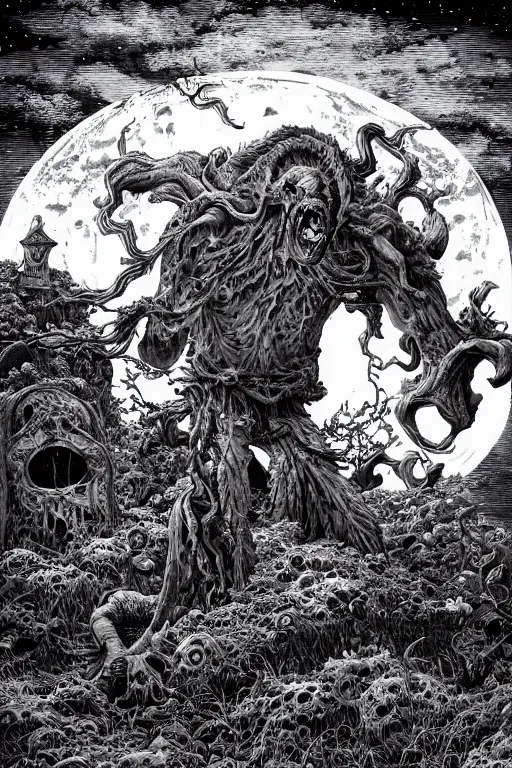 Image similar to grotesque creature, moonlit sky, highly detailed ink illustration of a forgotten cemetery, b & w clean shaped illustration by kim jung gi, ric estrada, ron english and eiichiro oda