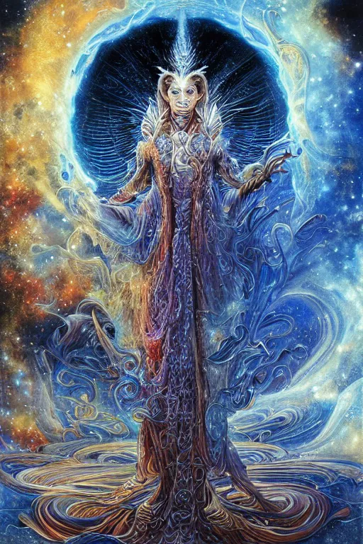 Prompt: a golden wizard with a detailed robe with beautiful eyes coming from a tumultuous mist of nebula gas, various color scheme by android jones , alex gray, Karol Bak, Ayami Kojima, Amano
