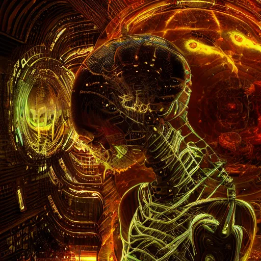 Image similar to cybernetic demon dreaming the destruction of the cosmos with its networked mind, lsd, circuitry, intricate detail, royo, whealan, giger, klimt, hd, octane render, unreal engine,