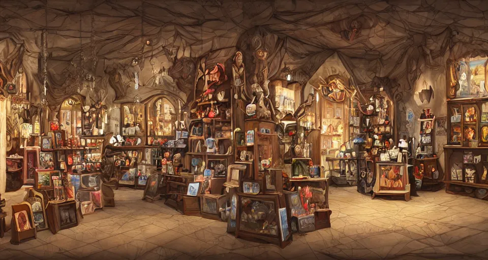 Image similar to A beautiful artwork illustration, a cursed gift shop, featured on artstation, wide angle, horizontal orientation