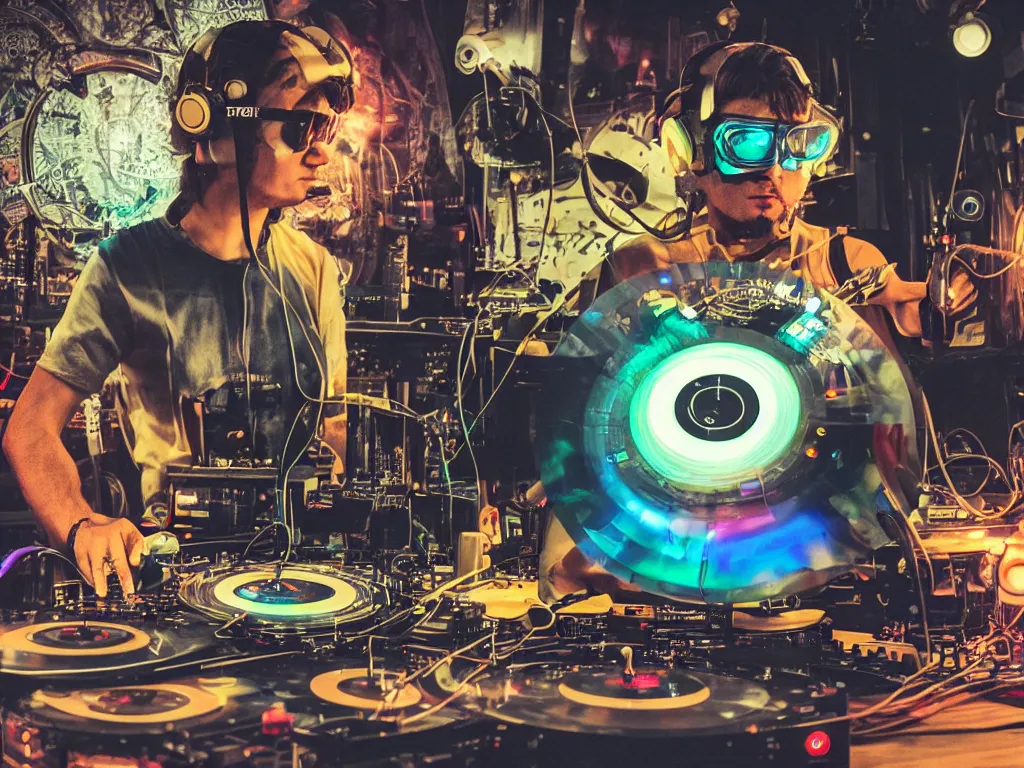 Image similar to a person wearing goggles and visor and headphones using a steampunk record player contraption, wires and tubes, turntablism dj scratching, intricate planetary gears, cinematic, imax, sharp focus, leds, bokeh, iridescent, black light, fog machine, hazy, lasers, hyper color digital art, cyberpunk