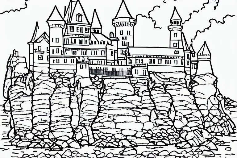 Image similar to an old castle on a seaside cliff coloring book, line art, simple, low detail