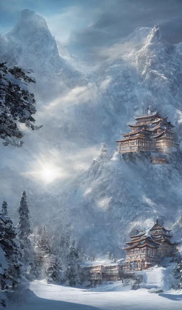 Prompt: a scene concept design, depicting a snow - covered palace halfway up changbai mountain, with sunlight spilling over and a magnificent atmosphere ， super wide angle ， matte painting ， rtx on ， in huang guangjian style ， trending on cgsociety and artstation, unreal engine ， volumetric light ，