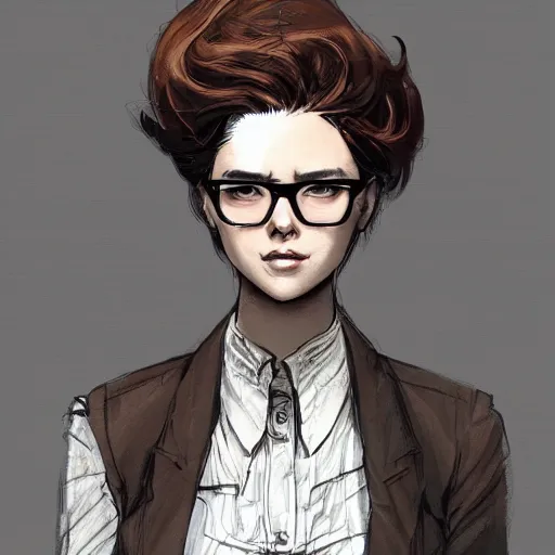 Prompt: artstation, concept art, style kim jung gi, androgynous face, female, human, brown suit vest, longcoat, glasses, short hair, front view, highly detailed, digital art