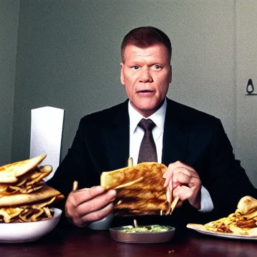 Image similar to film still of Klaus Iohannis eating a Shawarma, 4k remastered, criterion collection