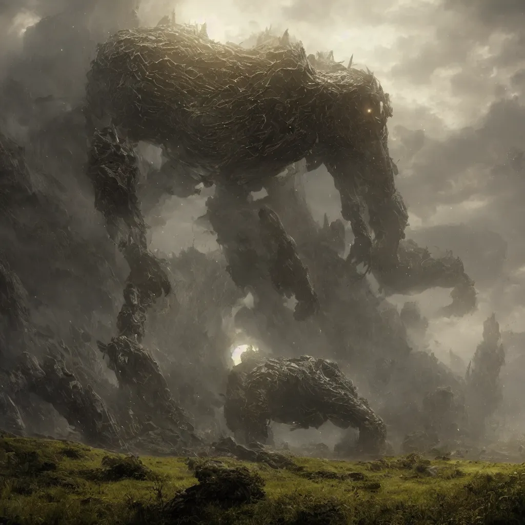 Image similar to enormous creature looming in the distance, seen from far away, volumetric lighting, 8 k octane beautifully detailed render, post - processing, extremely hyper - detailed, intricate, epic composition, cinematic lighting, masterpiece, trending on artstation, masterpiece, stunning art by anders zorn, wonderful masterpiece by greg rutkowski, beautiful cinematic