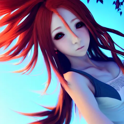 Prompt: v-tube render as a very beautiful 3d anime girl, hot petite, long braided orange red hair, hazel eyes, casual clothes, full round face, short smile, cinematic lightning, medium shot, mid-shot, highly detailed, trending on Artstation, Unreal Engine 4k, cinematic wallpaper