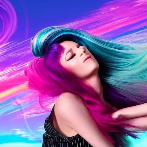 Image similar to a award winning full body shot of a beautiful woman in a croptop with a ombre purple pink teal hairstyle with head in motion and hair flying, outrun, vaporware, vivid colors, highly detailed, fine detail, intricate
