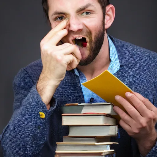 Prompt: stock photo of a man eating a book