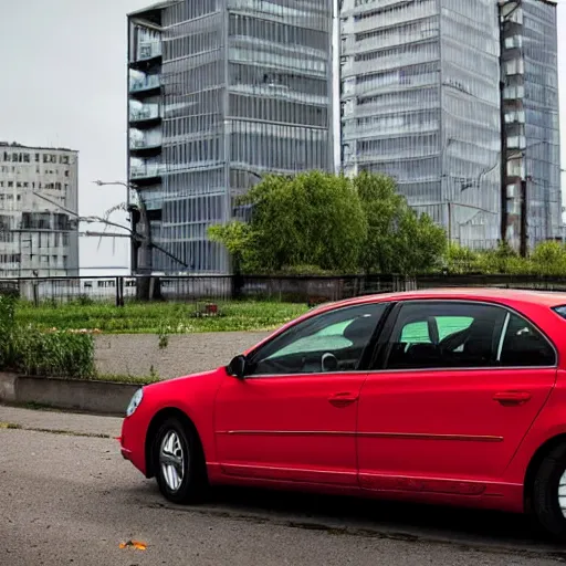 Prompt: red volkswagen passat that is green parked in warsaw, few rubbish bins visible and a base of post - communist apartment complex in the background, the year is 2 0 2 2, award winning photo
