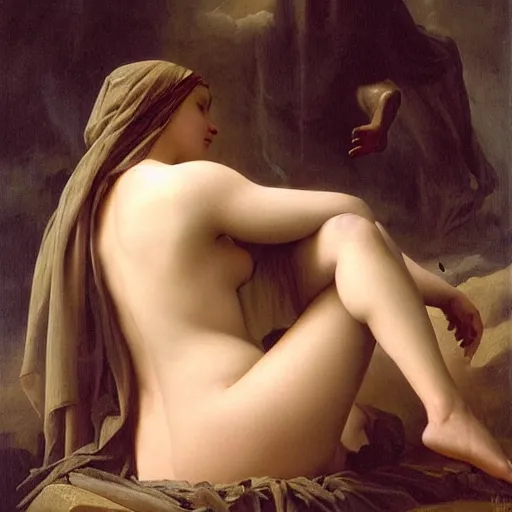 Prompt: oil painting of a beautiful woman mourning the death of a monster by Guillaume Seignac