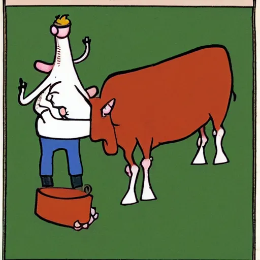 Image similar to a cow points at a bucket, illustrated by gary larson