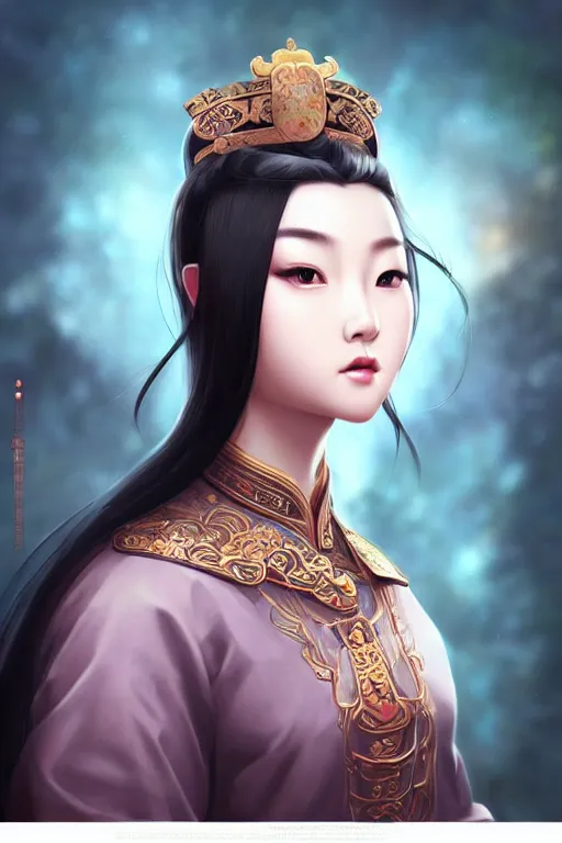 Prompt: a lovely and shiny young empress of qing dynasty, face by artgerm, ross tran, fuji choko, loish, 8 k resolution, attractive, symmetrical portrait, beautifully detailed landscape of ruin, trending on pixiv and pinterest, charming black eyes, luxury, perfect face, smooth, dreamlike