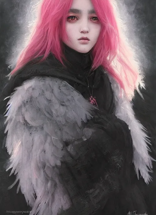 Image similar to a teenage girl with very short black and pink hair and a huge cloak made of grey and black feathers. beautiful highly detailed face. beautiful painting by artgerm and greg rutkowski and raymond swanland, detailed portrait, closeup