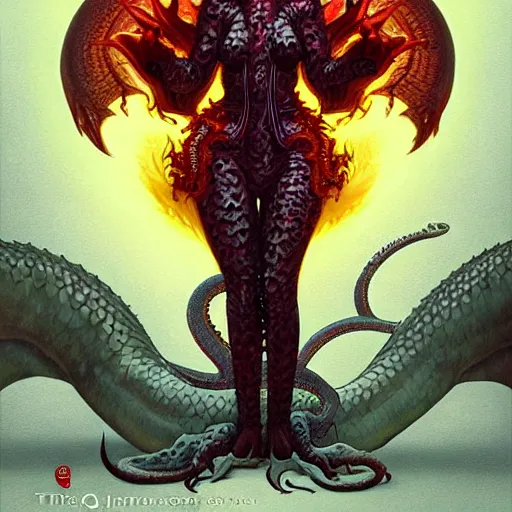 Image similar to ghotic demonic female demon satan hell portrait of scarlett johansson as queen of hell and queen of dragons, fire and flame, big long hell serpent dragon, octopus, Pixar style, by Tristan Eaton Stanley Artgerm and Tom Bagshaw.