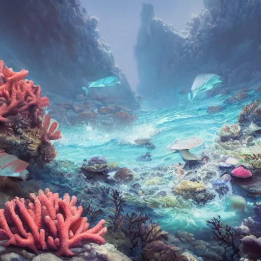 Image similar to beautiful coral reef photorealistic painting, wlop, concept art, octane render, deviantart, greg rutkowski, cinematic, artstation, key art, hyperrealism