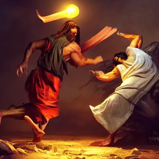 Image similar to Jesus fighting the devil, dynamic lighting, photorealistic concept art, trending on art station, stunning visuals, creative, cinematic, ultra detailed