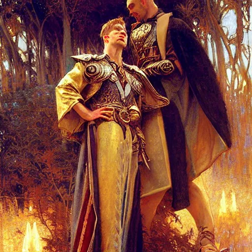 Image similar to attractive arthur pendragon with attractive male merlin the mage. they are in love. highly detailed painting by gaston bussiere, craig mullins, j. c. leyendecker