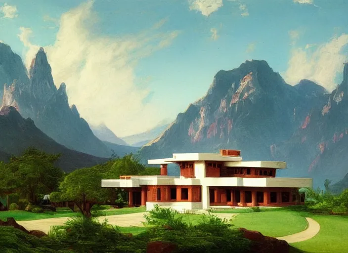 Prompt: painting of a frank lloyd wright house in front of beautiful mountains by thomas cole