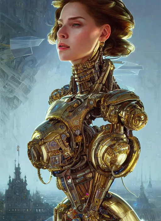 Image similar to robotic putin destroy his opps, d & d, wet, shiny, fantasy, intricate, elegant, extremely higly detailed, ultra definition, digital painting, artstation, anatomical perfection, baroque, portrait, unreal engine 5, concept art, smooth, sharp focus, illustration, art by artgerm and greg rutkowski and alphonse mucha