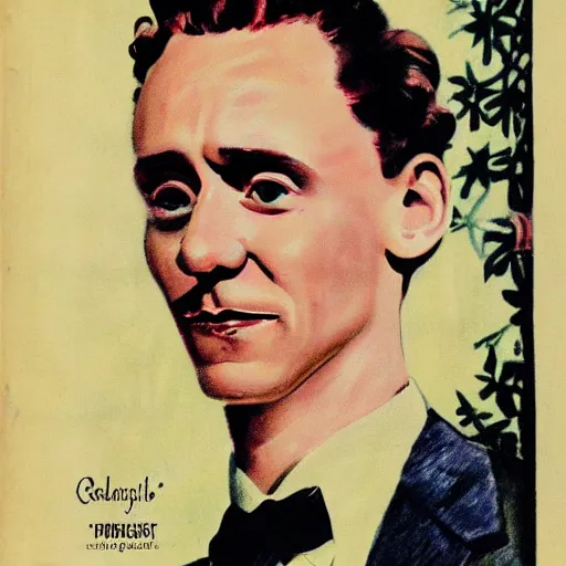 Image similar to Tom Hiddleston portrait, vintage magazine illustration 1950