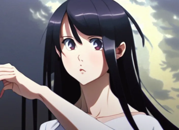 Image similar to a film still portrait of a fubuki as a confident woman, dark hair, black ornate dress, finely detailed features, closeup at the faces, perfect art, at an ancient city, gapmoe yandere grimdark, trending on pixiv fanbox, painted by greg rutkowski makoto shinkai takashi takeuchi studio ghibli, akihiko yoshida