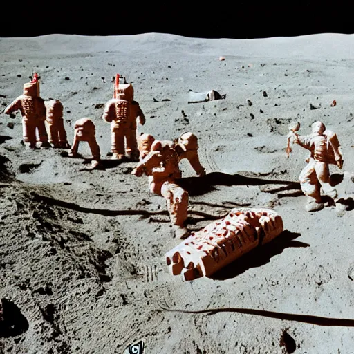 Image similar to full - color 1 9 7 2 photo of dozens of terra - cotta warriors being excavated on the moon by archaeologists wearing space - suits at a dig - site. high - quality professional journalistic photography from time magazine.