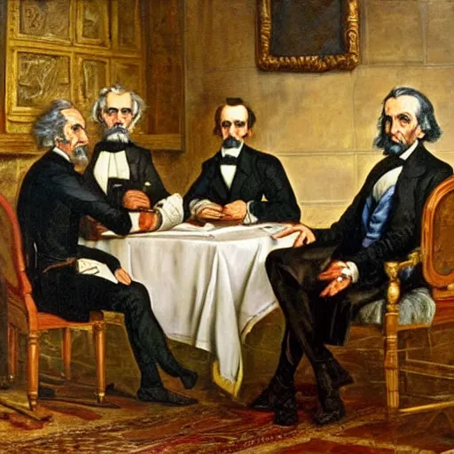 Prompt: detailed baroque painting with abraham lincoln, albert einstein and william shakespeare, sitting at a table