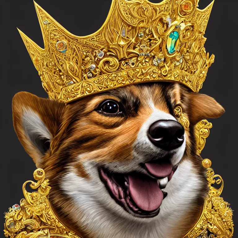 Image similar to highly detailed illustration of a portrait of a regal corgi wearing a jeweled golden crown, artstation, cinematic lighting, hyperdetailed, cgsociety, 8k, high resolution, by John Philip Falter, Art Nouveau, insanely detailed and intricate