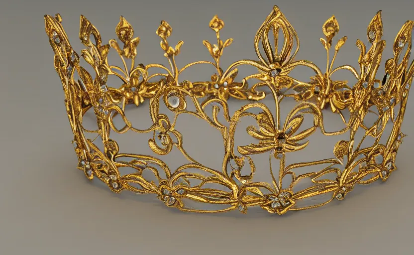 Prompt: ornate realistic symmetrical floral flower gold tiara 3 d art deco