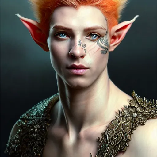 Image similar to portrait painting of a young elven man with a soft face and short light orange hair and tribal tattoos on his face wearing fur armor, ultra realistic, concept art, intricate details, eerie, highly detailed, photorealistic, octane render, 8 k, unreal engine. art by artgerm and greg rutkowski and charlie bowater and magali villeneuve and alphonse mucha