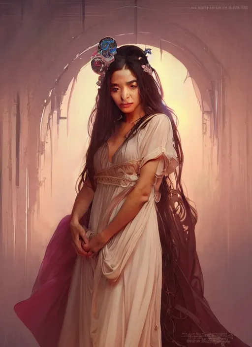 Image similar to cute brown woman wearing a transparent night gown and hanfu face veil, fantasy, intricate, highly detailed, digital painting, artstation, concept art, wallpaper, smooth, sharp focus, illustration, art by artgerm and greg rutkowski and alphonse mucha