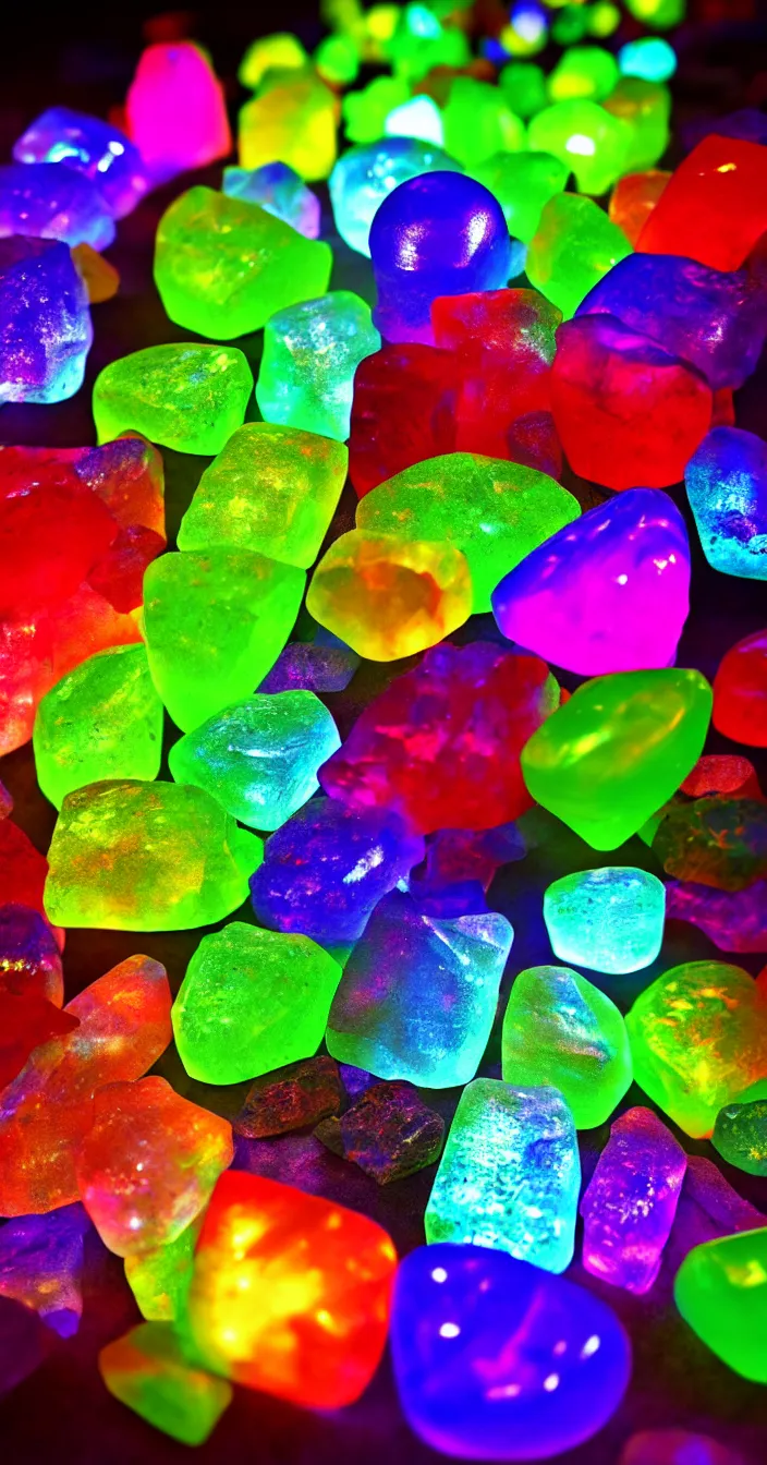 Image similar to realistic photo of colorful transparent stones, light glowing from behind, very sharp focus, in the style of greg rutswoski, very hyper realistic, highly detailed, fantasy art station