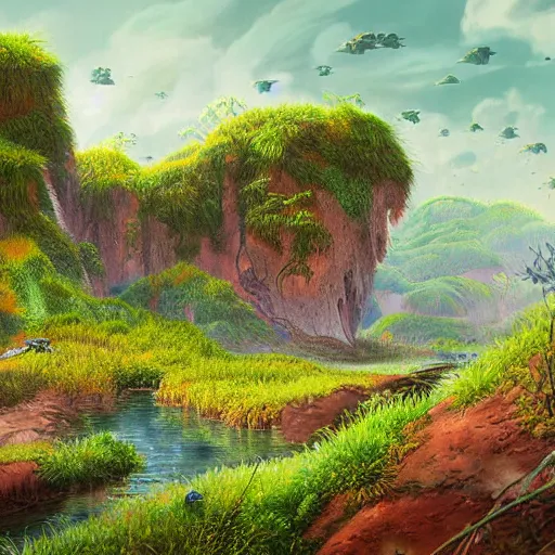 Image similar to beautiful detailed painting of a lush natural scene on a colourful alien planet by vincent bons. ultra sharp high quality digital render. detailed. beautiful landscape. weird vegetation. water. soft colour scheme. grainy.