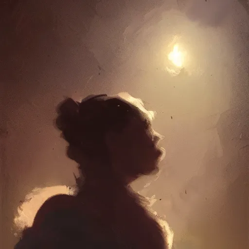 Prompt: a person looking at a large glowing light in the sky, backlighting, by greg rutkowski