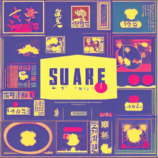 Image similar to square LP album cover design with bright and colourful vintage typographic Japanese kanji, layout design, illustrator vector graphics