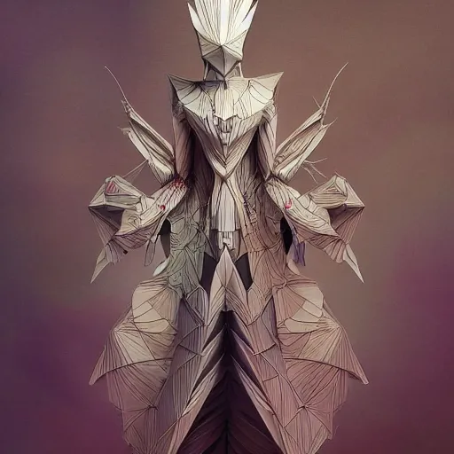 Image similar to 3 / 4 view of a beautiful girl wearing an origami dress, ground - level medium shot, elegant, by eiko ishioka, givenchy, philippe druillet, by peter mohrbacher, centered, fresh colors, origami, fashion, detailed illustration, vogue, high depth of field, japanese, reallusion character creator