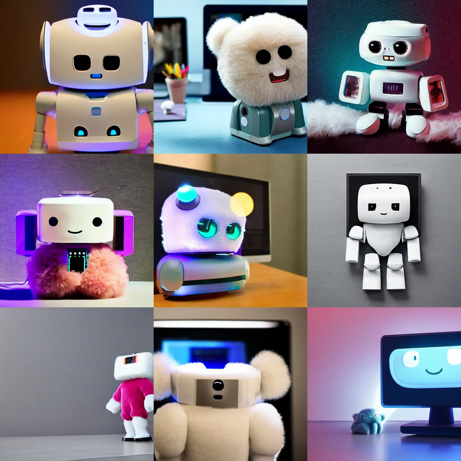 Prompt: <picture quality=hd+ mode='attention grabbing'>an adorable fluffy robot projects its dreams onto a monitor</picture>