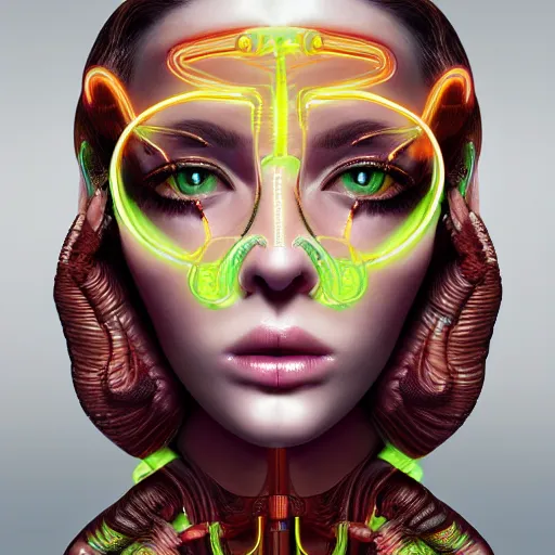 Prompt: very beautiful woman, bionic pupils!, full face frontal centered, portrait, detailed intricate symmetrical ornate neon cables connected to head, clear lips, luxurious long hair, sophisticated golden!!!! neon wiring and implants, translucent!, porcelain, fractal, sci fi, dramatic lighting, photography, highly detailed, artstation, deviantart, 8 k, by chie yoshii