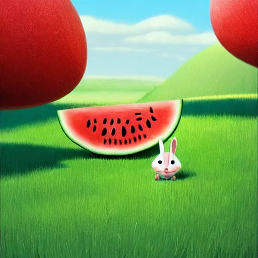 Image similar to a cute rabbit eating watermelon on the green meadow, a storybook illustration by goro fujita