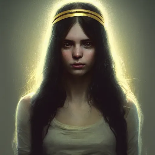 Prompt: highly detailed portrait of a young woman with long dark hair and a golden headband, art by greg rutkowski, unreal engine, high quality, vivid, stunning lighting, symmetry