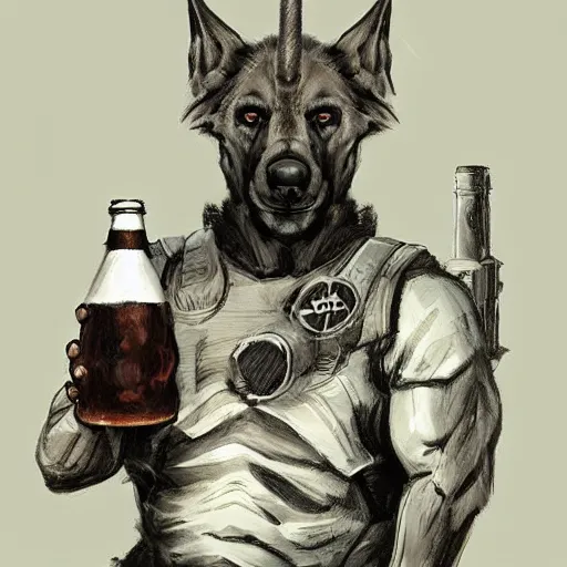 Image similar to a humanoid german shepherd beast - man in military style, holding a bottle of beer, artstation, concept art, smooth, sharp foccus ilustration, artstation