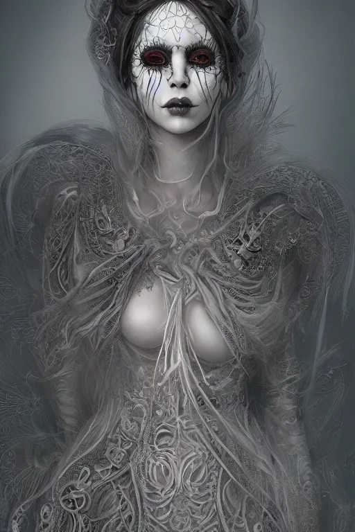 Image similar to ultra realist and ultra intricate detailed character concept art of a beautiful slim but curvy muerte girl in a long dress, thin lustrous hair, symmetry features, sensual gloomy style, soft painting, volumetric light and fog, fantasy background, artstation, Tom Bagshaw artstyle, unreal render