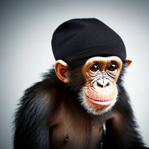 Prompt: cute chimpanzee using a wool cap. Studio photography